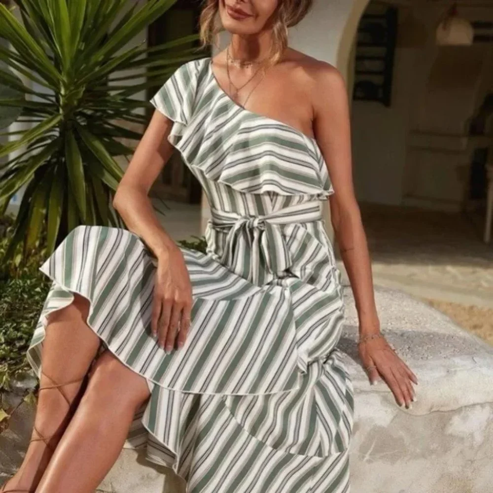 Striped ruffle hem belted one shoulder midi dress Boho - Picture 1 of 6